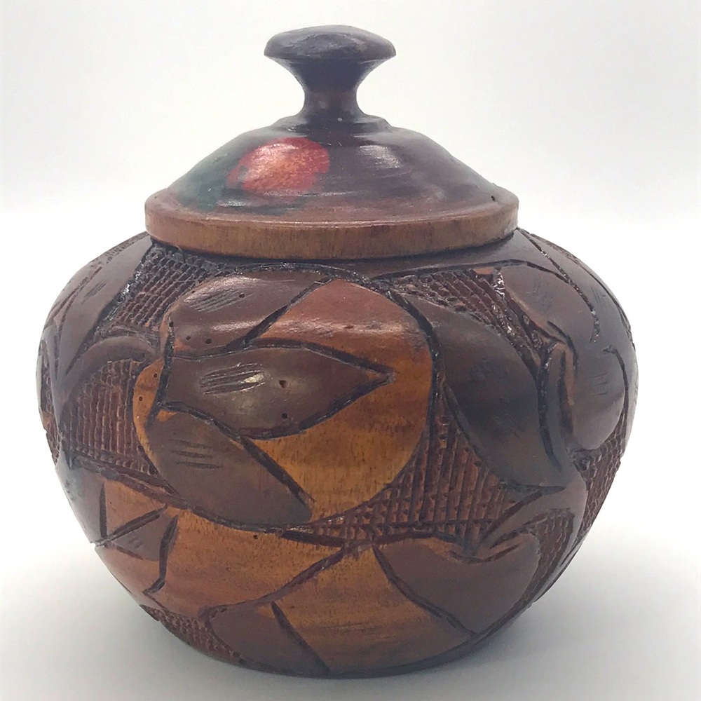 Vintage Ginger Jar Carved wooden Floral pattern With Lid